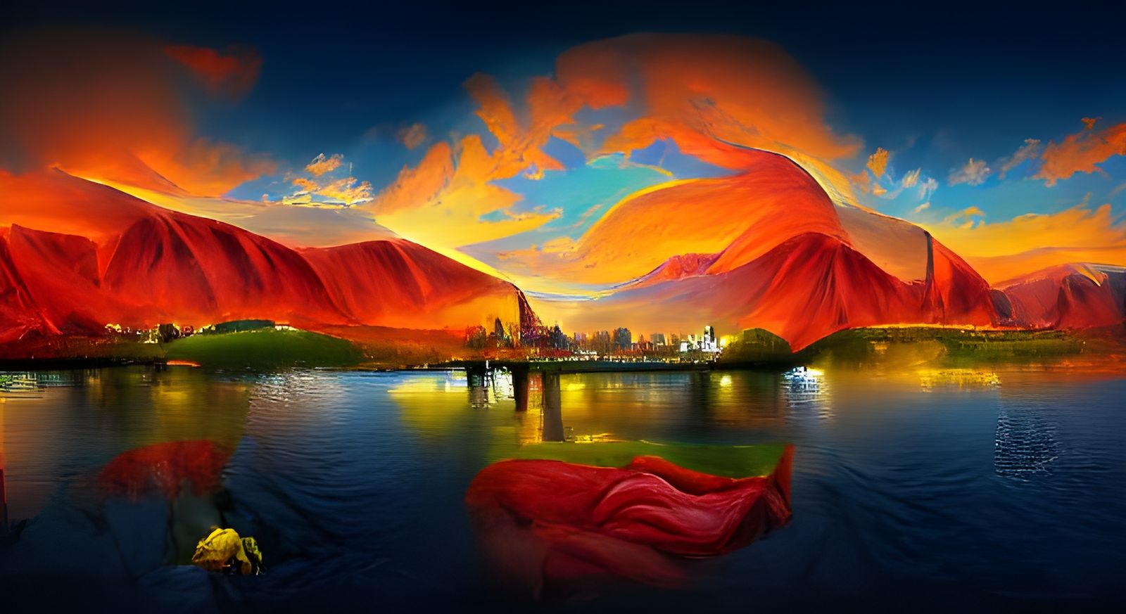 Vibrant Sunset Over Hills in Chicano Art Style
