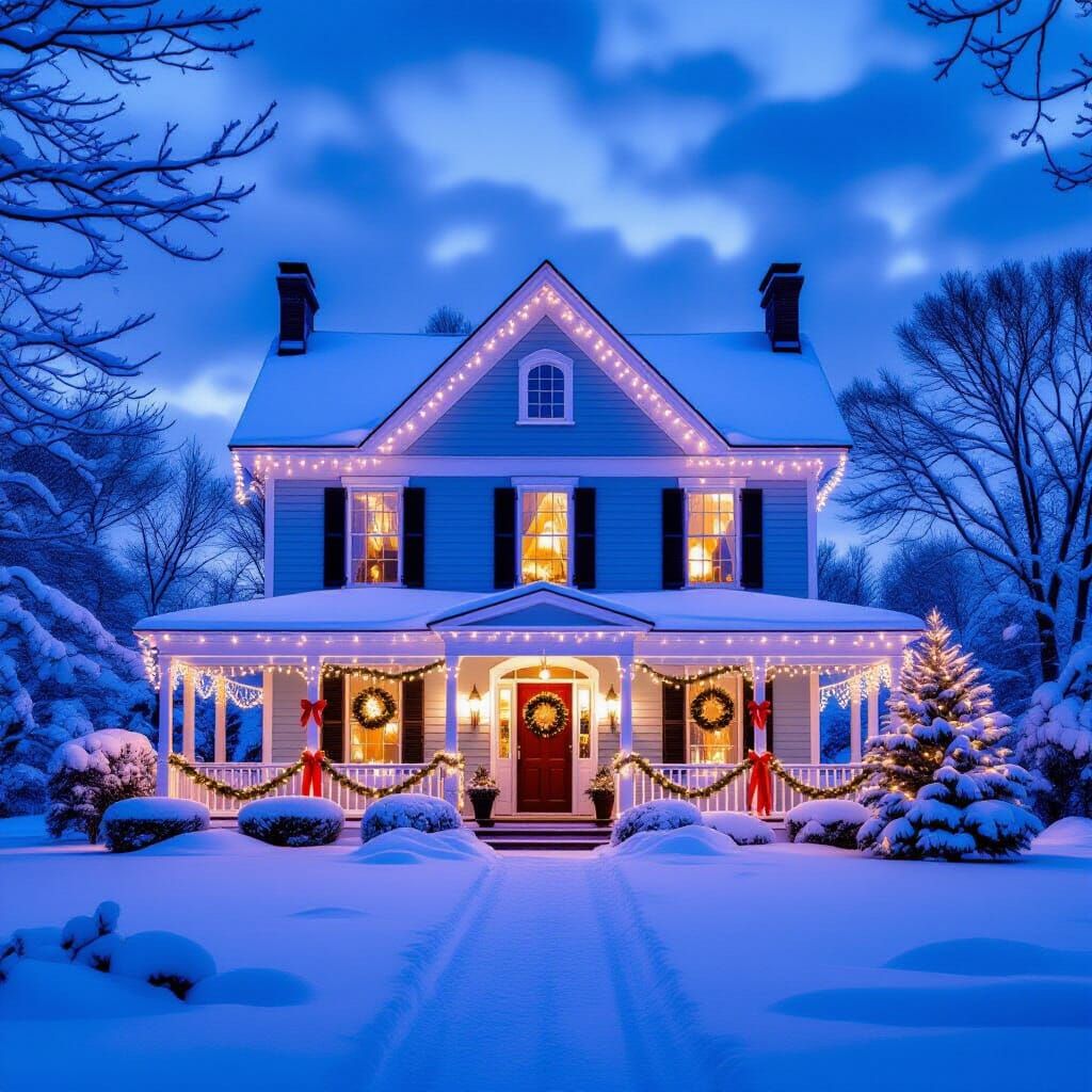 Cozy Christmas House in Snowy Evening Landscape