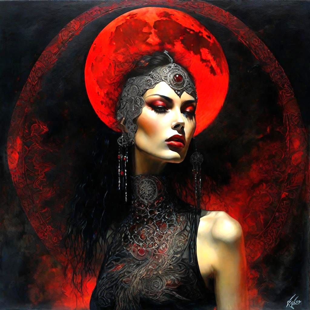 Double Exposure Portrait with Red Moon, Alcohol-Ink Style