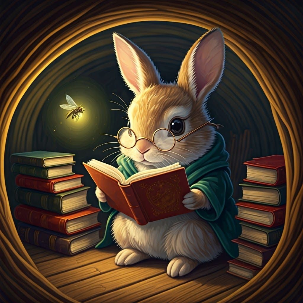 A Cozy Baby Rabbit Reader in Velvet Robe and Spectacles