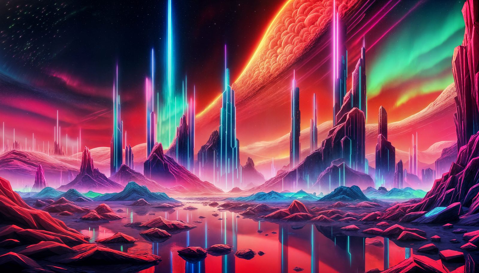 Neon Aurora Lights a Crystalline Martian City