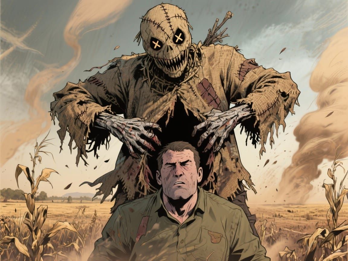 Scarecrow Man Tormenting Victim in Desolate Landscape
