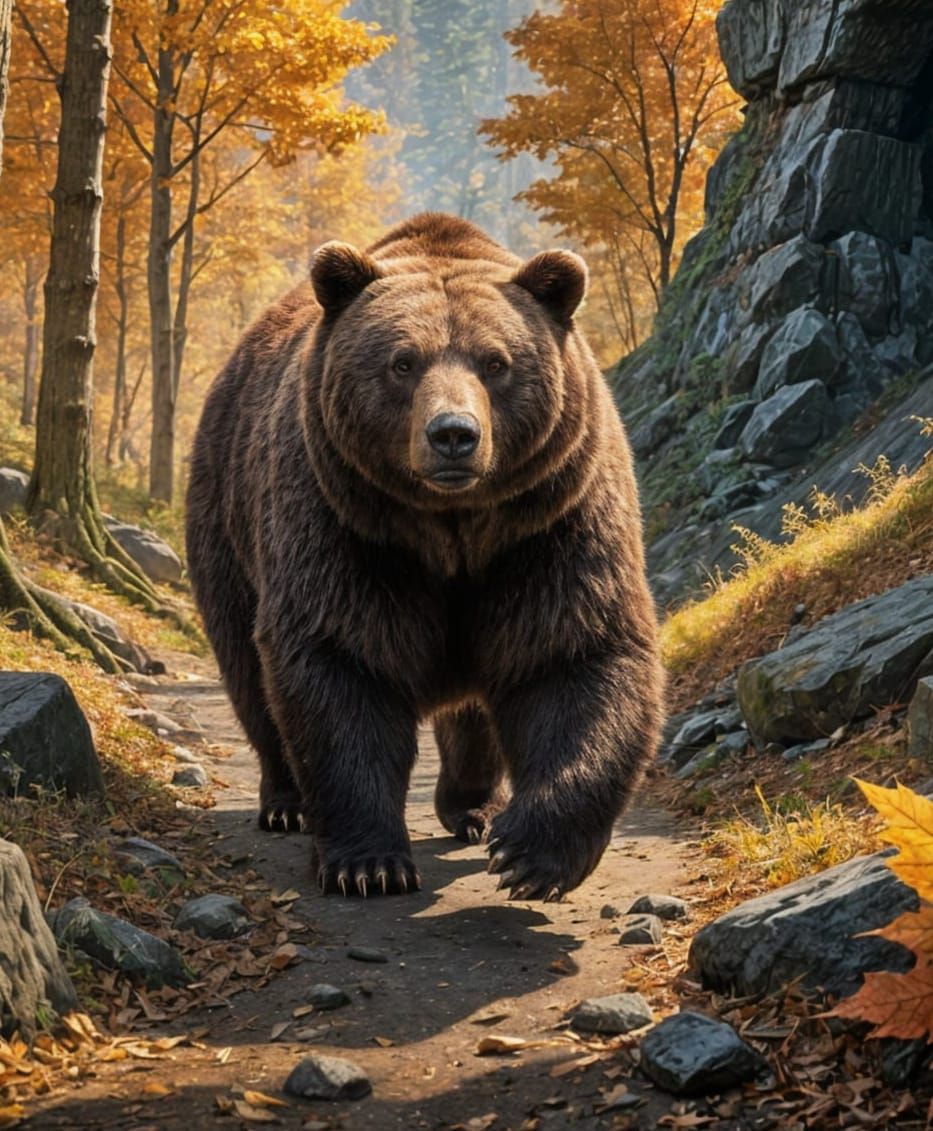 Majestic Bear Explores Autumn Forest Towards Hidden Cave
