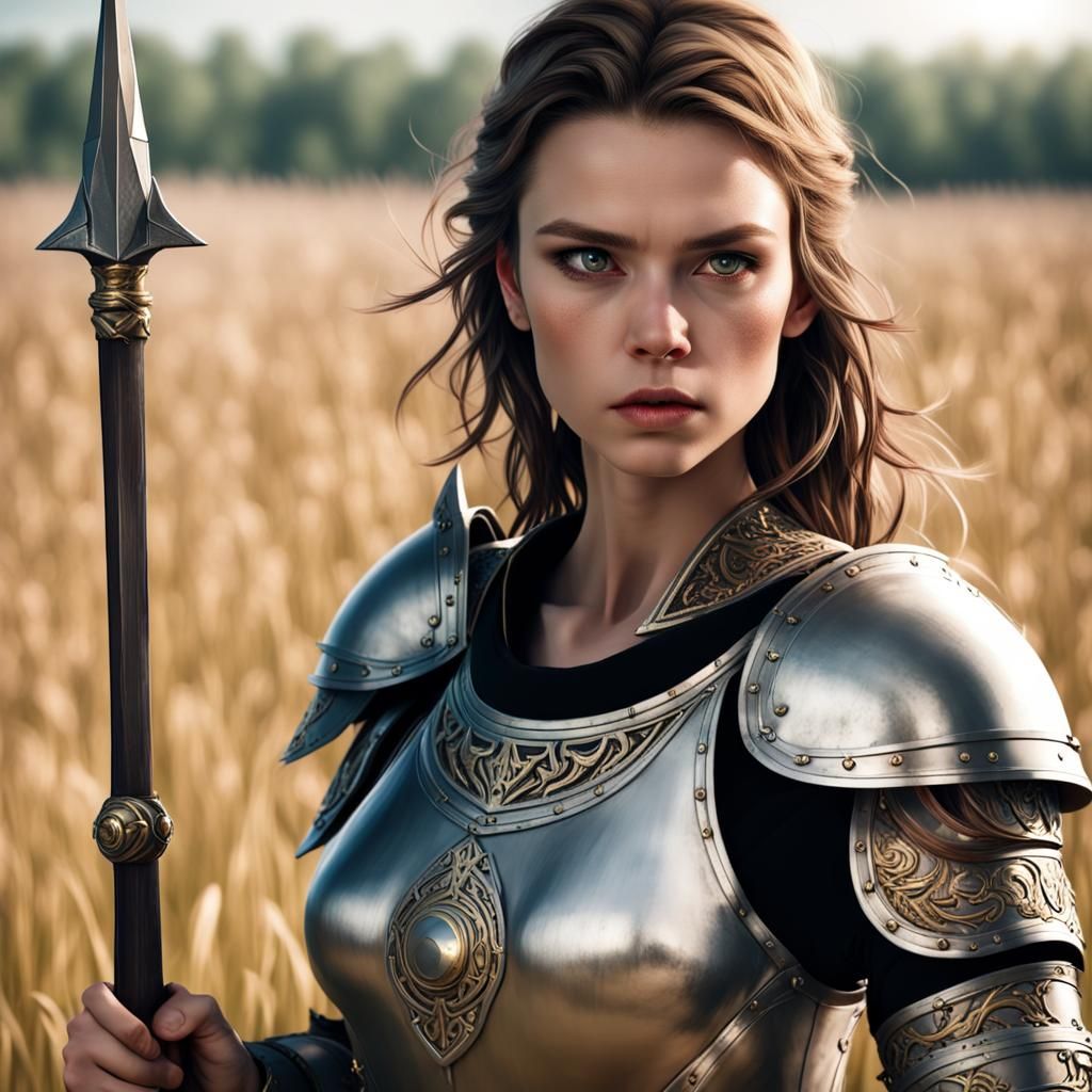 Armored Girl with Spear on Battlefield