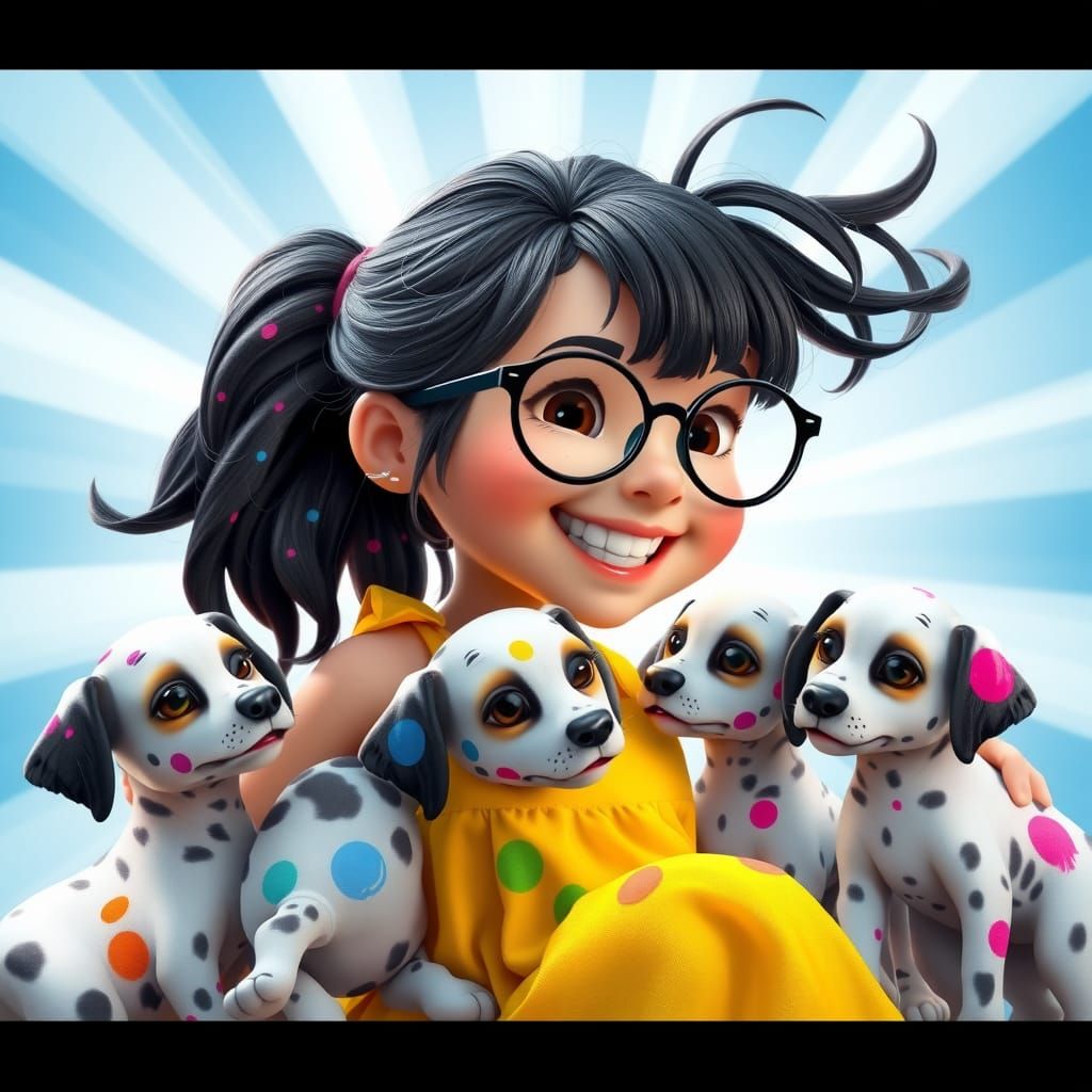 Joyful Girl Paints Dalmatian Puppies with Vibrant Polka Dots...
