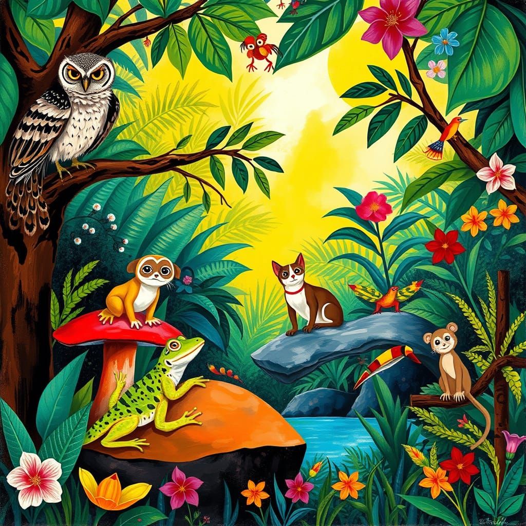 Vibrant Jungle Menagerie in Naive Art Style