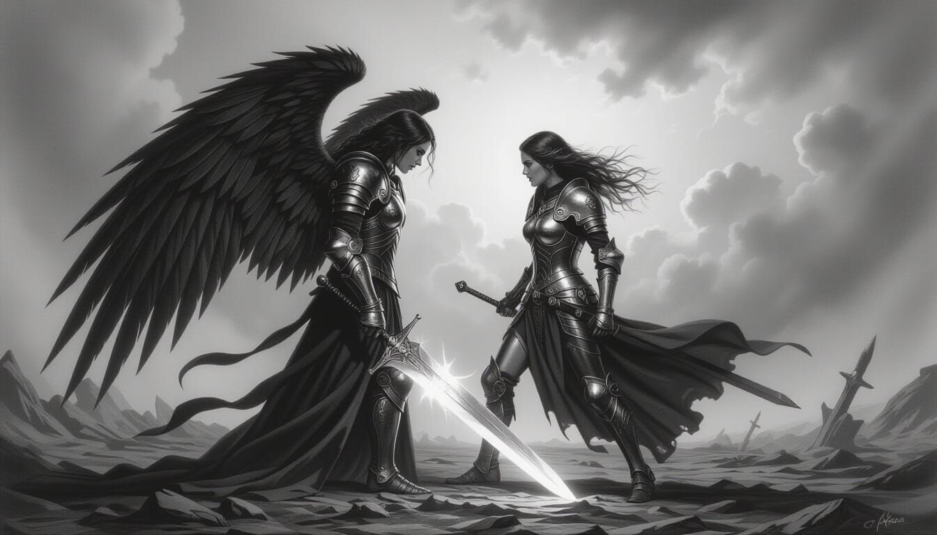 Knight and Fallen Angel Battle on Desolate Ground