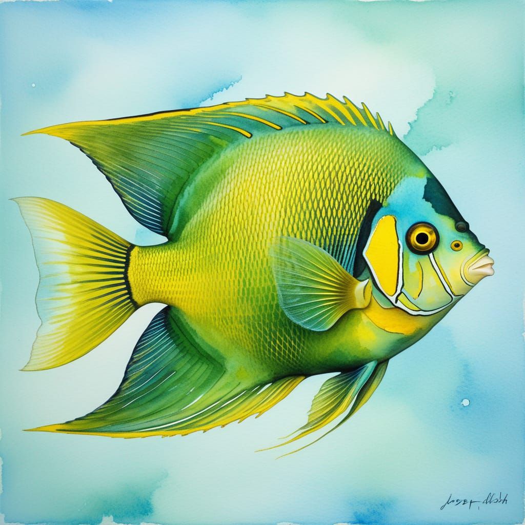 A Stunning Green Angelfish on a Light Blue Watercolor Backgr...