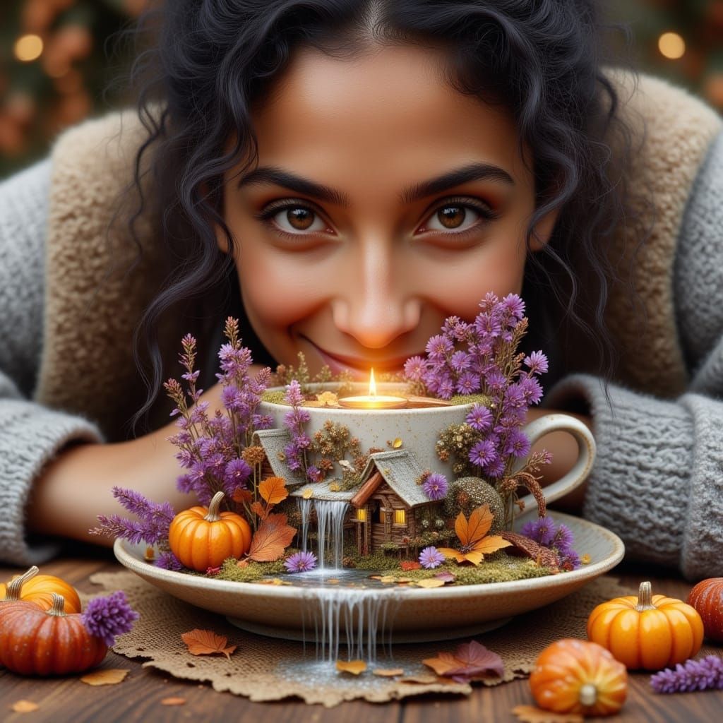 Woman Peeks into Autumn Fairy Village in Coffee Cup