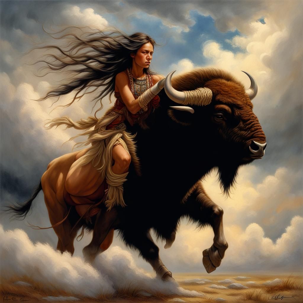 Native American Girl Rides Buffalo in Fantasy Art
