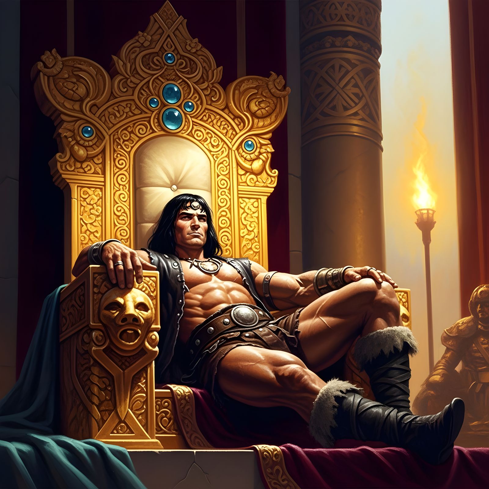 King Conan, sprawled upon a gold jeweled throne, by Boris Va...