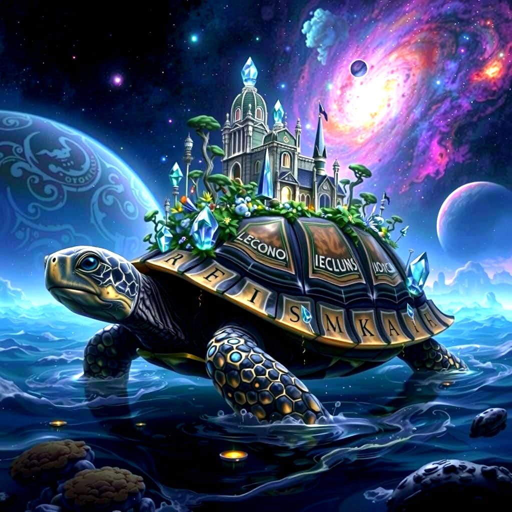 Cosmic Tortoise with City in Galactic Ocean