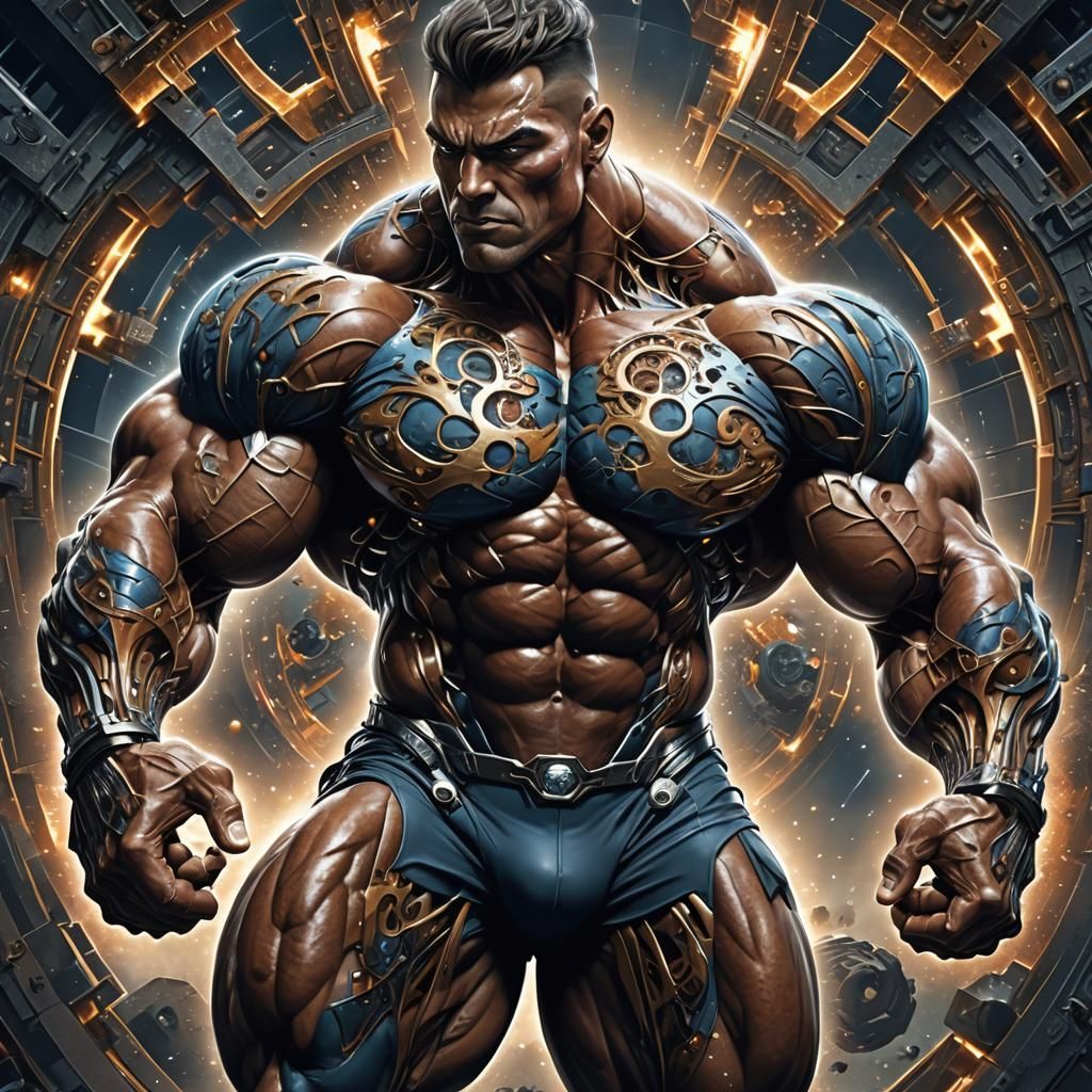 a fractal body builder, muscular!! sci-fi, mr universe, exag...