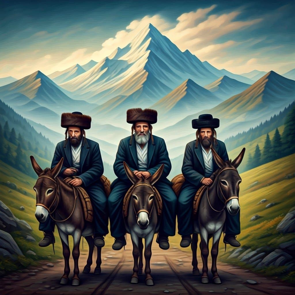 Hasidic Jews in Carpathian Mountains, Folk Art Style
