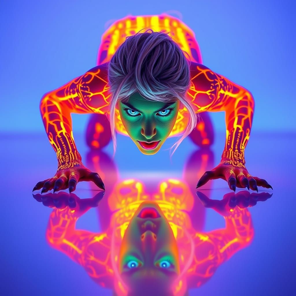 Glowing Neon Woman Crawls Forward in Predatory Stance