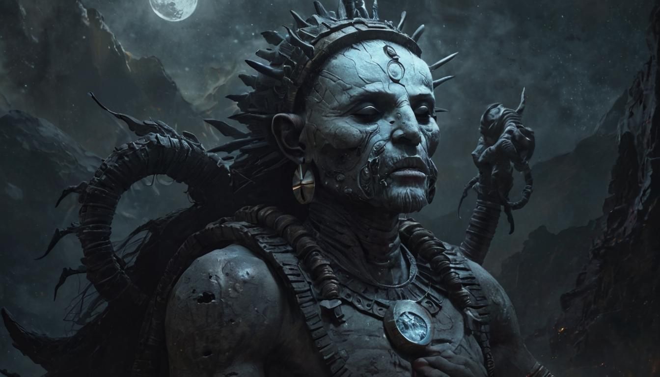 Eerie Anunnaki Deity Feeding in Moonscape