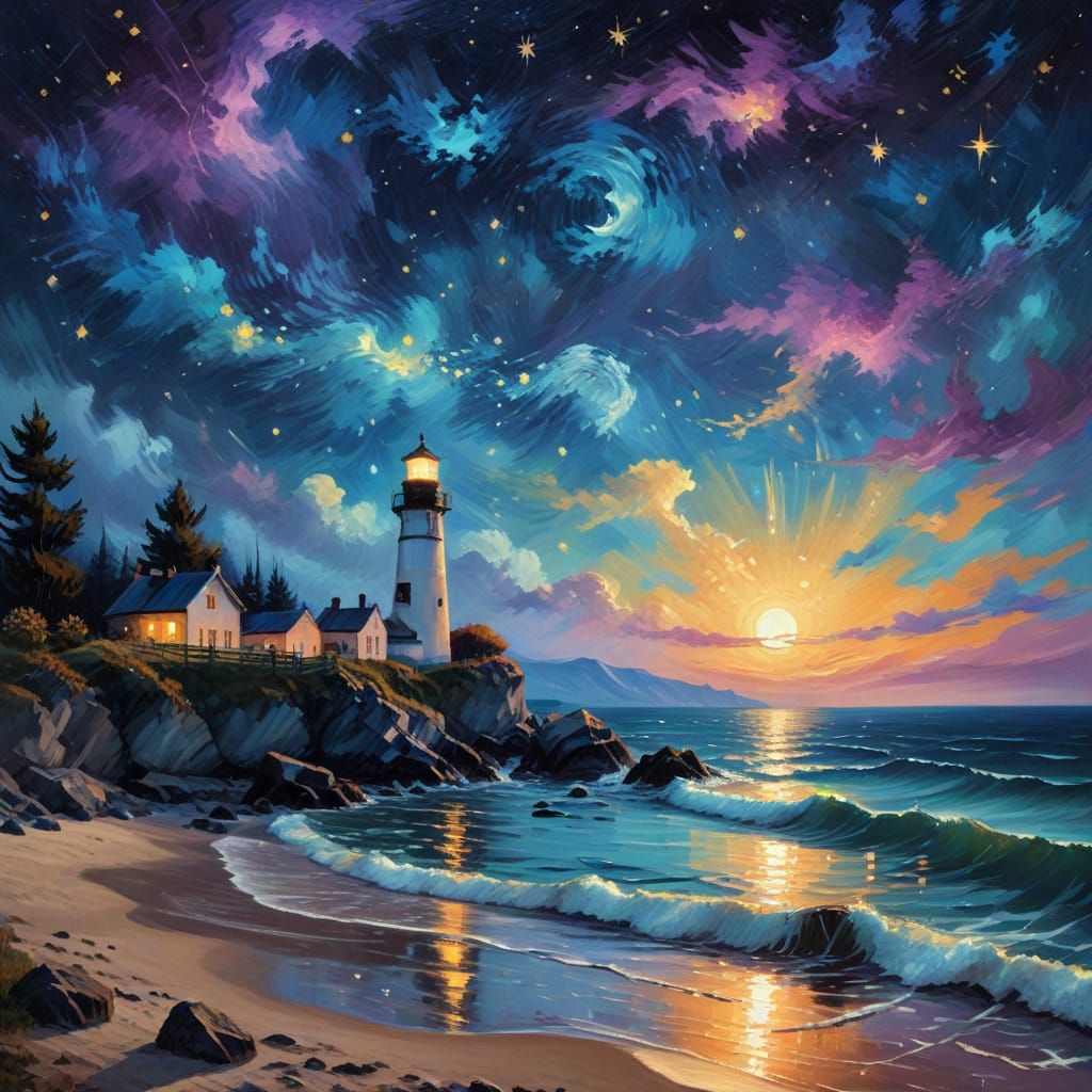 Moonlit Lighthouse on Rocky Shore in Impressionist Style