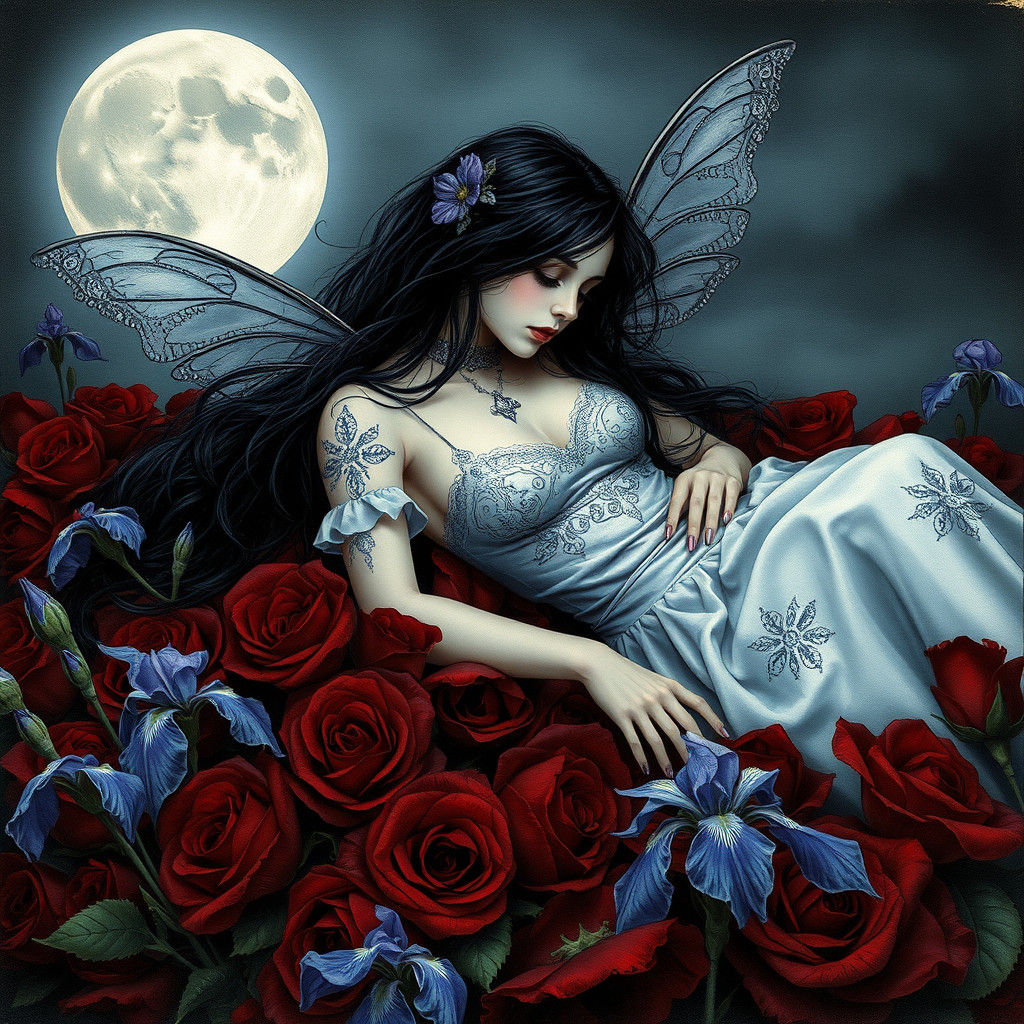 Moonlit Gothic Fairy Portrait in Metallic Watercolor Style