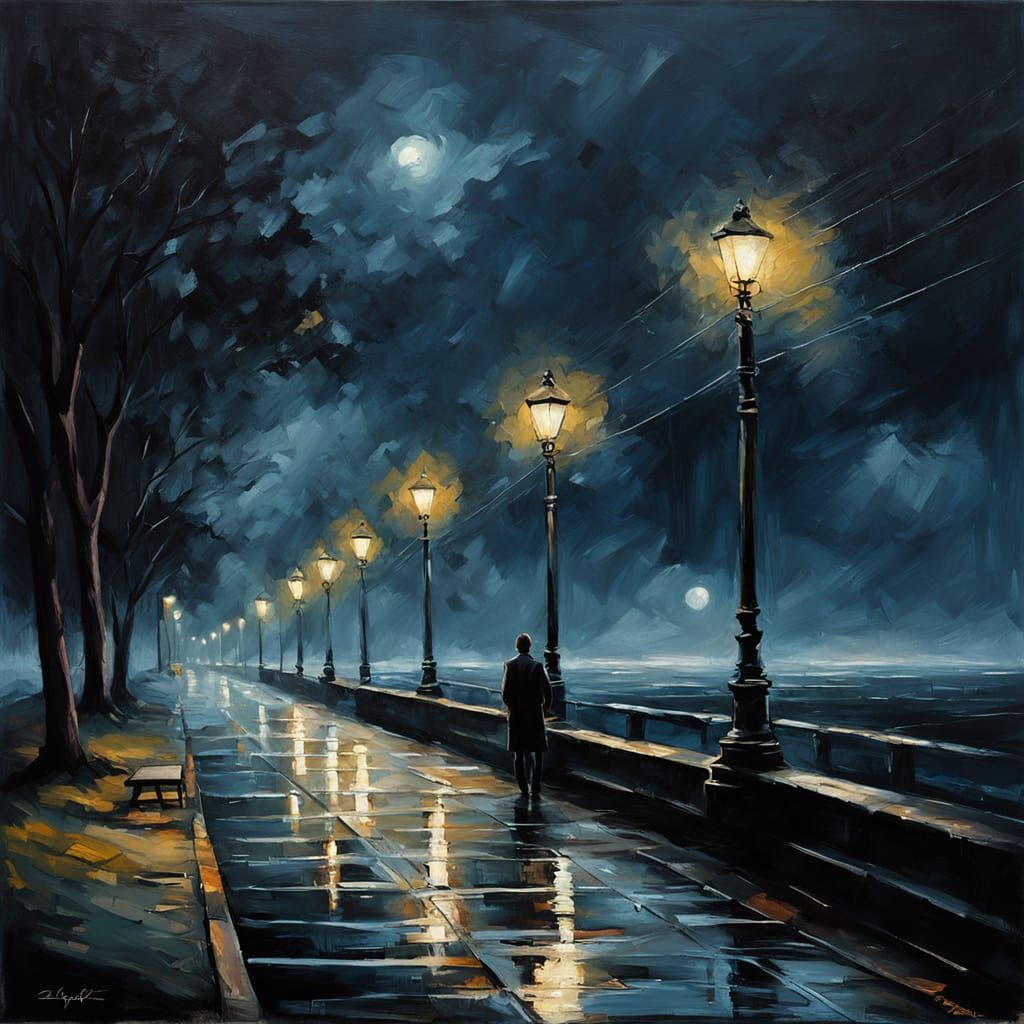 Moody Urban Figure Observing Stormy Sea in Impasto Style