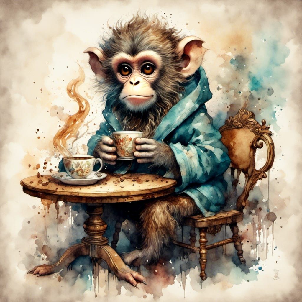 Cute Monkey Drinking Coffee in Watercolor Style