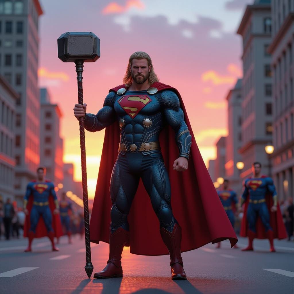 Thor as Superman in Metropolis Sunset, Cinematic Style