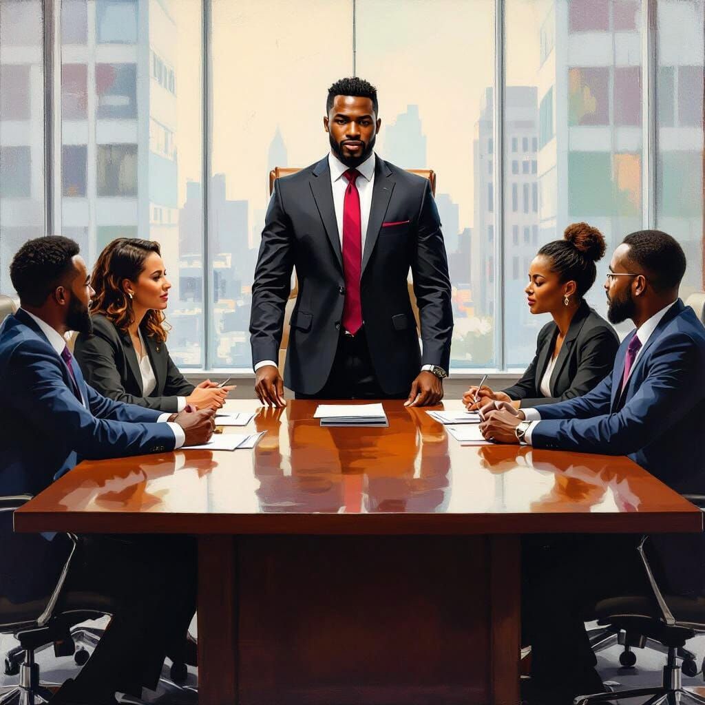 Young Man Chairs Meeting in Vibrant Portrait Style
