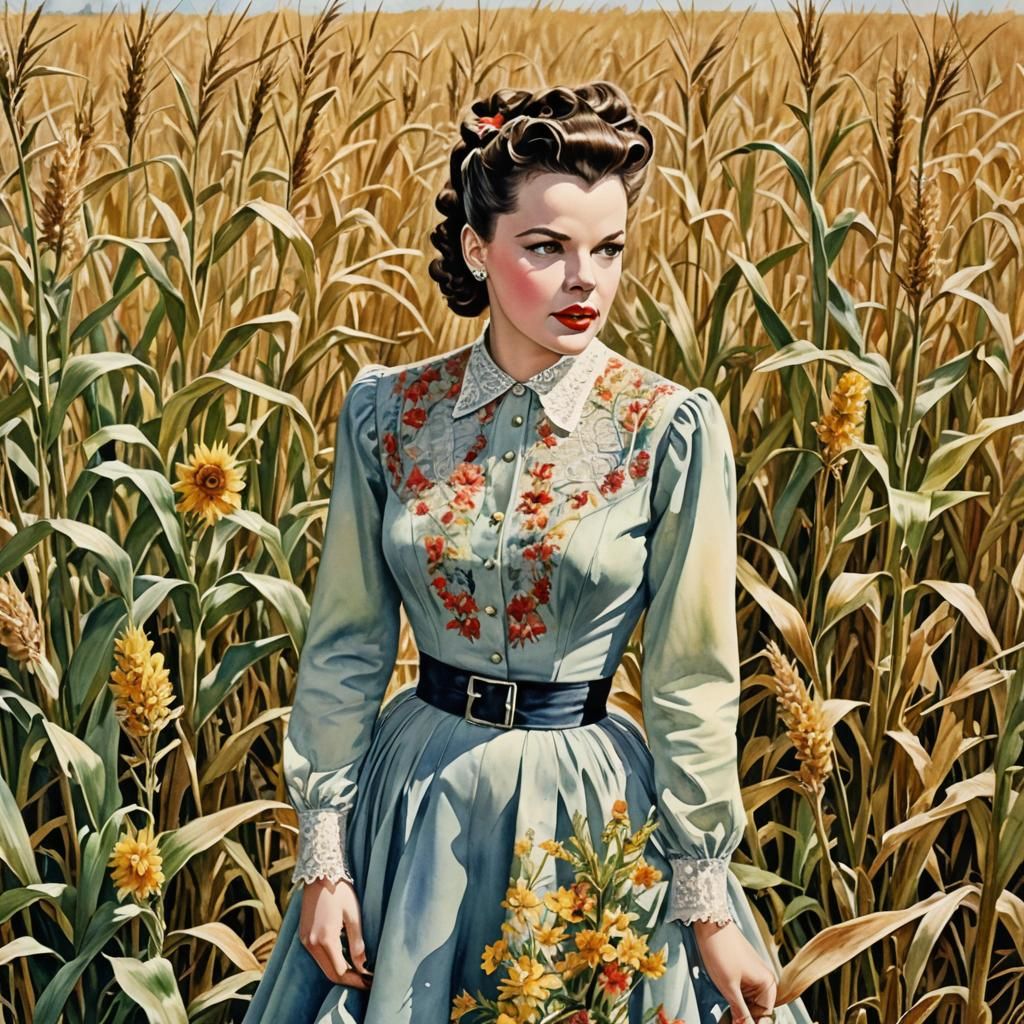 Watercolor Painting of Judy Garland in Kansas Cornfield