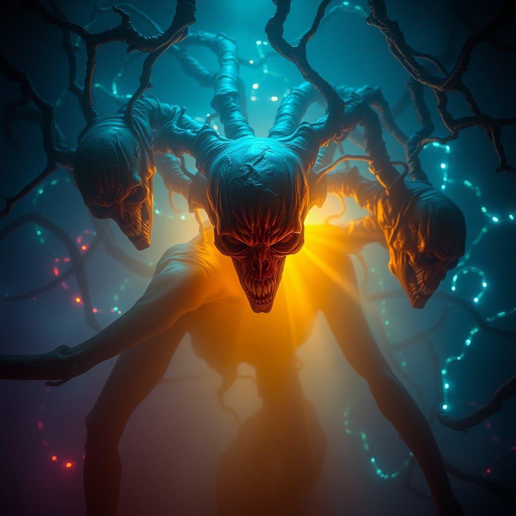 Dark, mysterious creatures, eternally cursed, exude a creepy aura with volumetric and dynamic lighting. Intricate, iride...