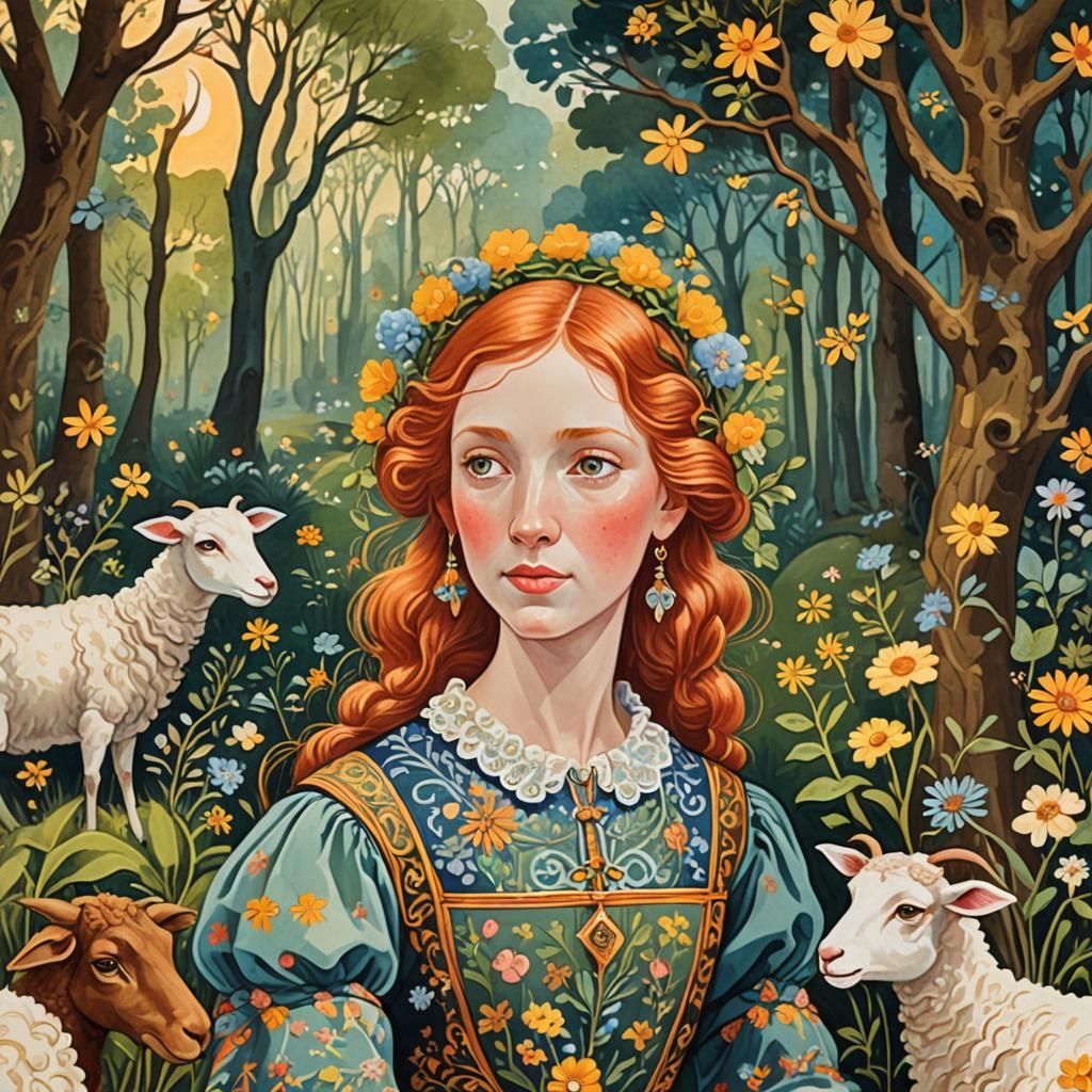 Little Bo Peep in Whimsical Forest, German Folk Art