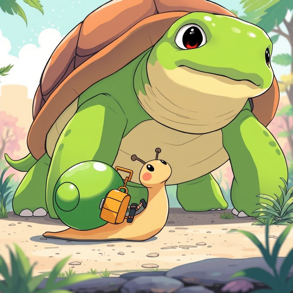 Cartoon Snail and Turtle in Anime Style