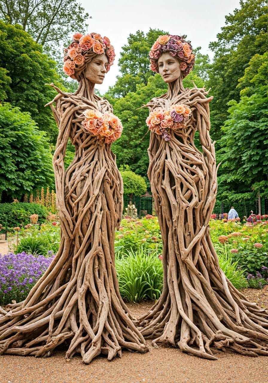 Majestic Driftwood Dryads in a Vibrant Public Garden