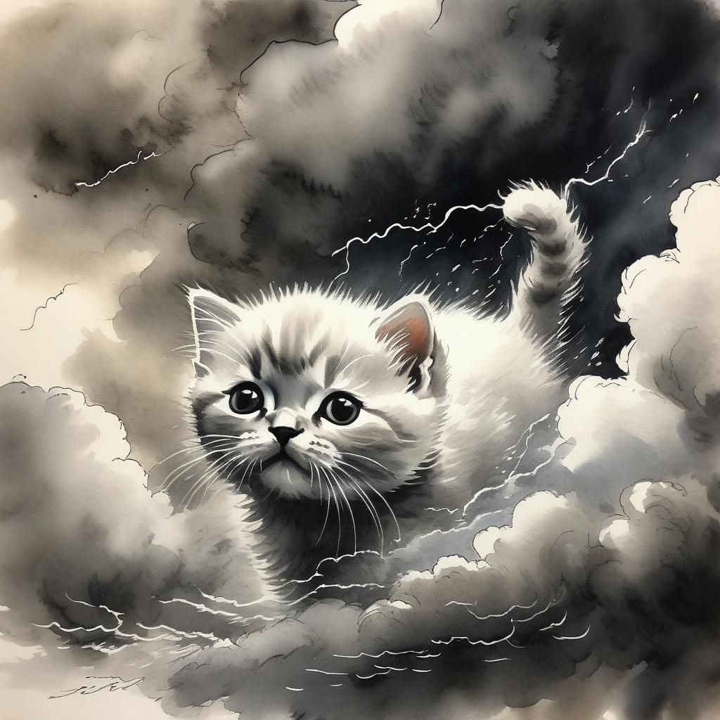 Adorable Kitten Chasing Thundercloud in Ink Wash