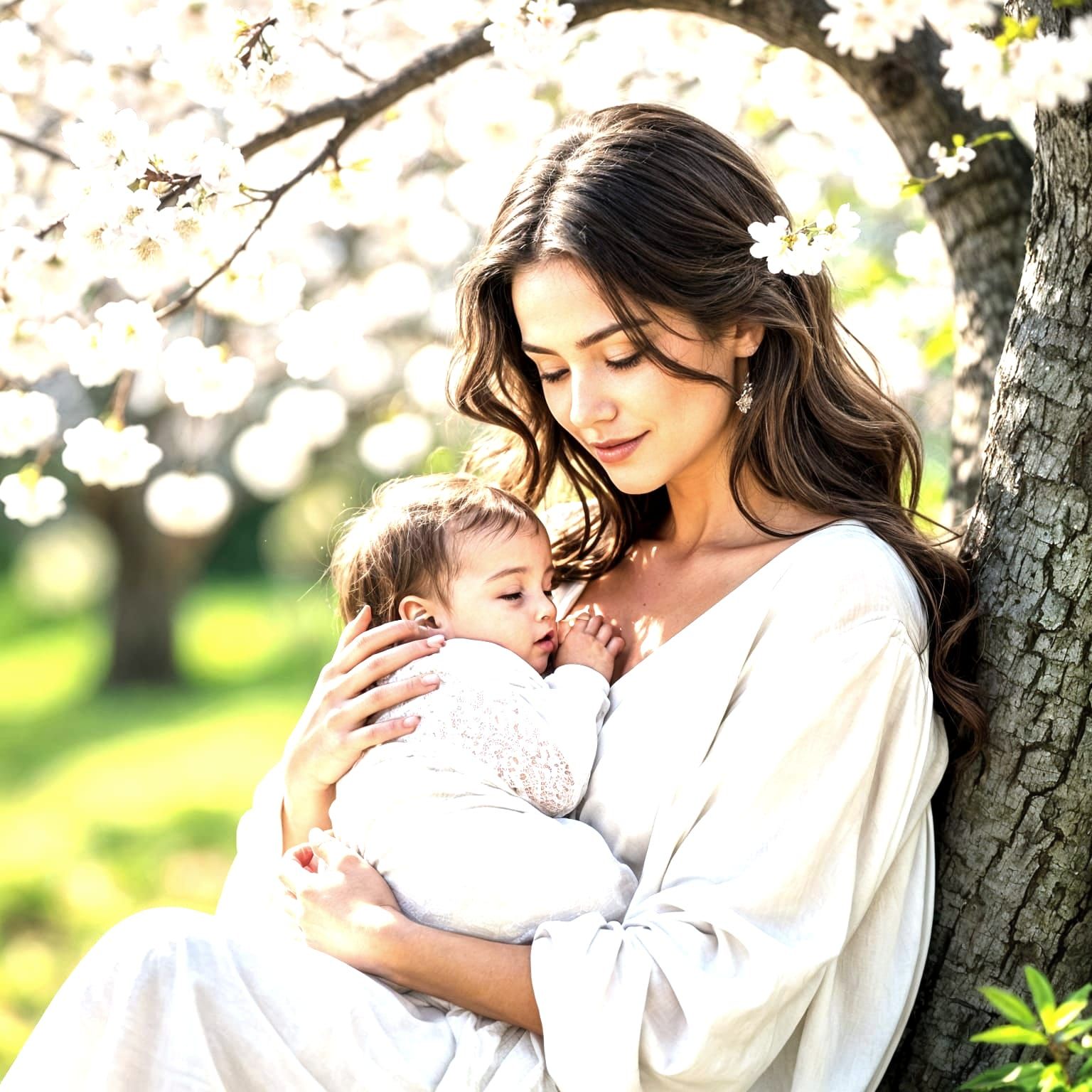 Mother and Child Bathed in Light Amidst Cherry Blossoms