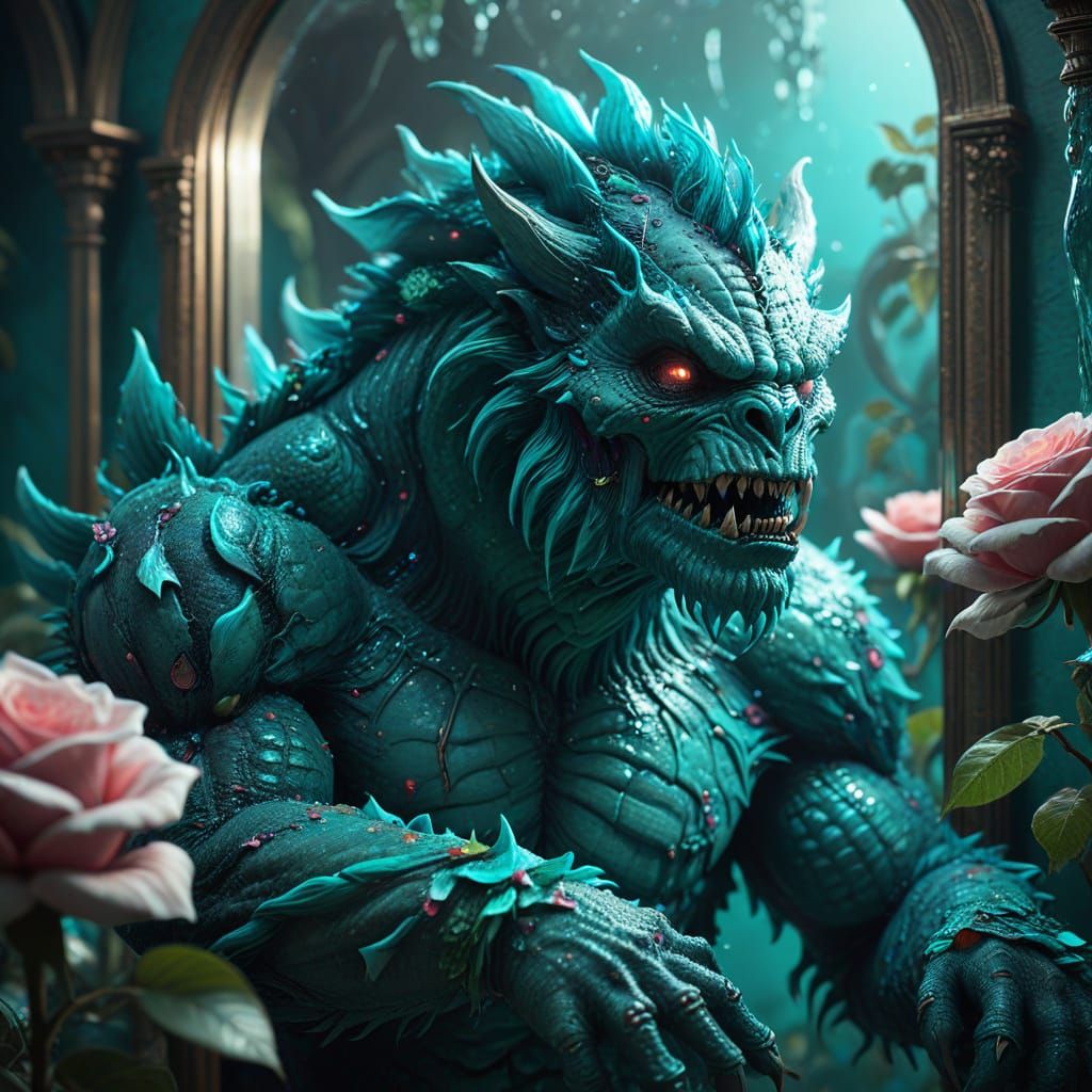 Rose Monster in Teal Fantasy Mirror World