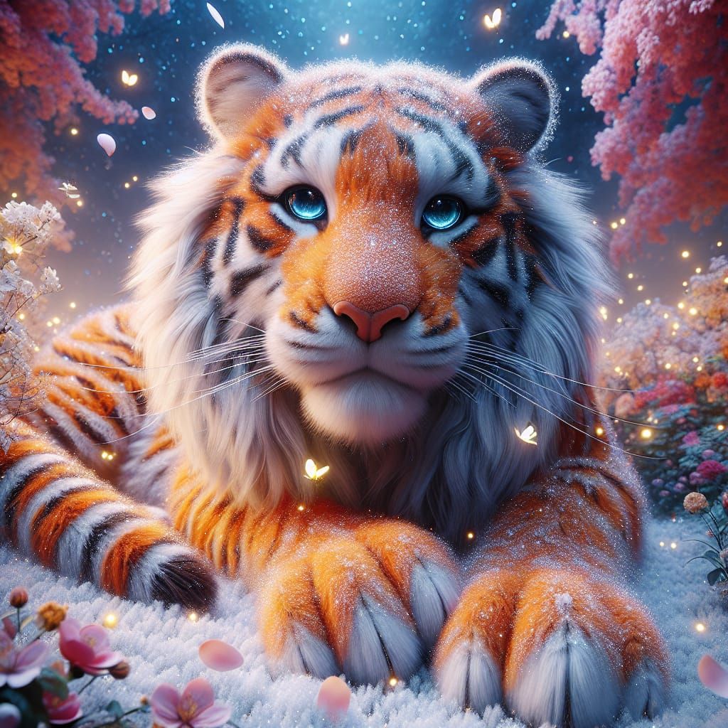 Orange Tiger in Cherry Blossom Garden, Matte Painting