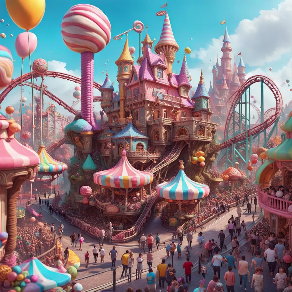 Candy Theme Park with Chibi Rollercoaster, Hyperdetailed Art