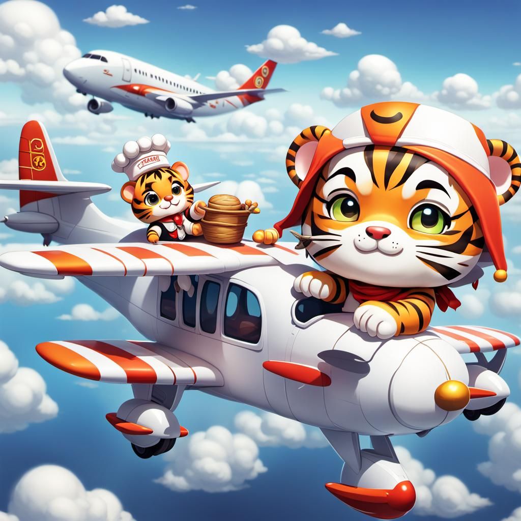 Chibi Tiger Chef Flying a Biplane in Anime Style