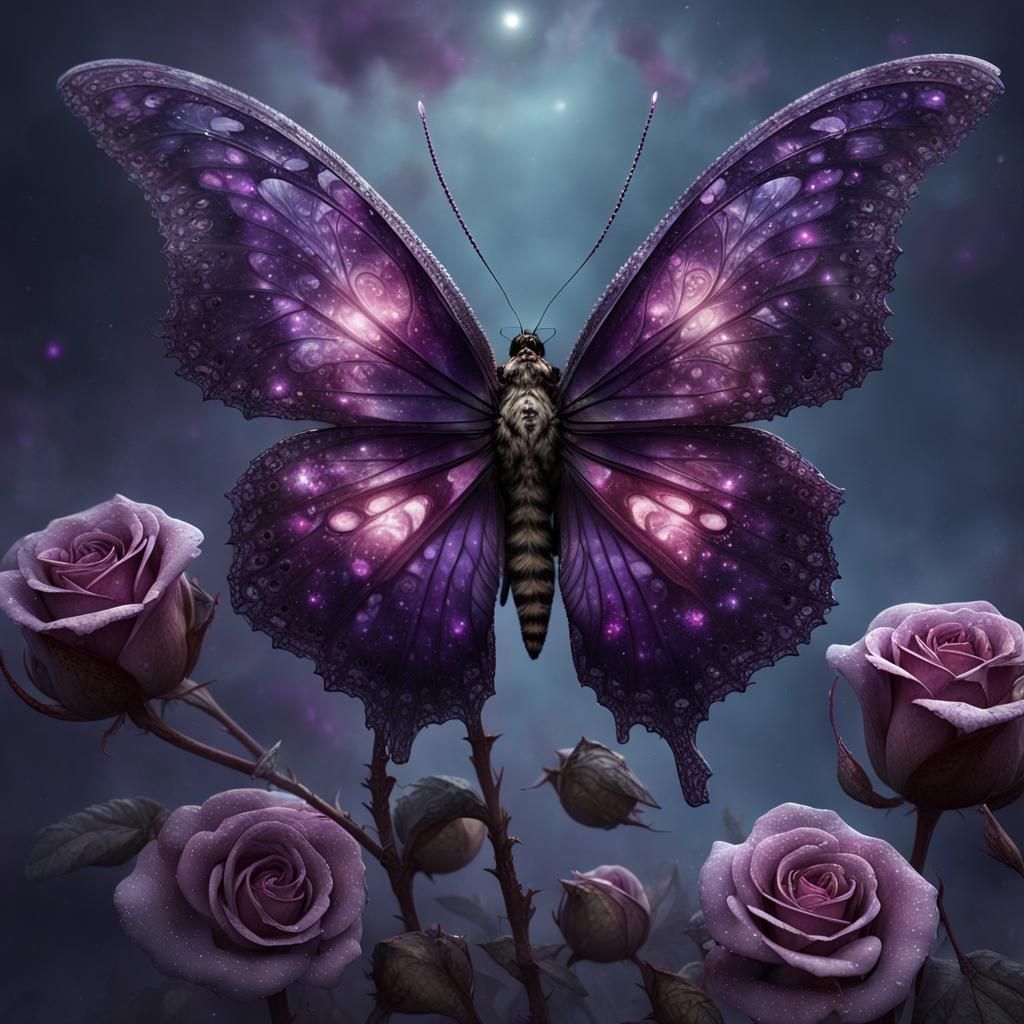 Zombie Butterfly on Dark Rose, Detailed Matte Painting