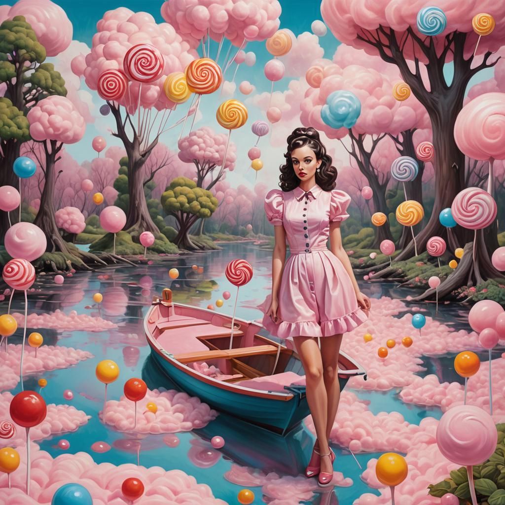 Candy River Gouache Painting in Pop Surrealist Style