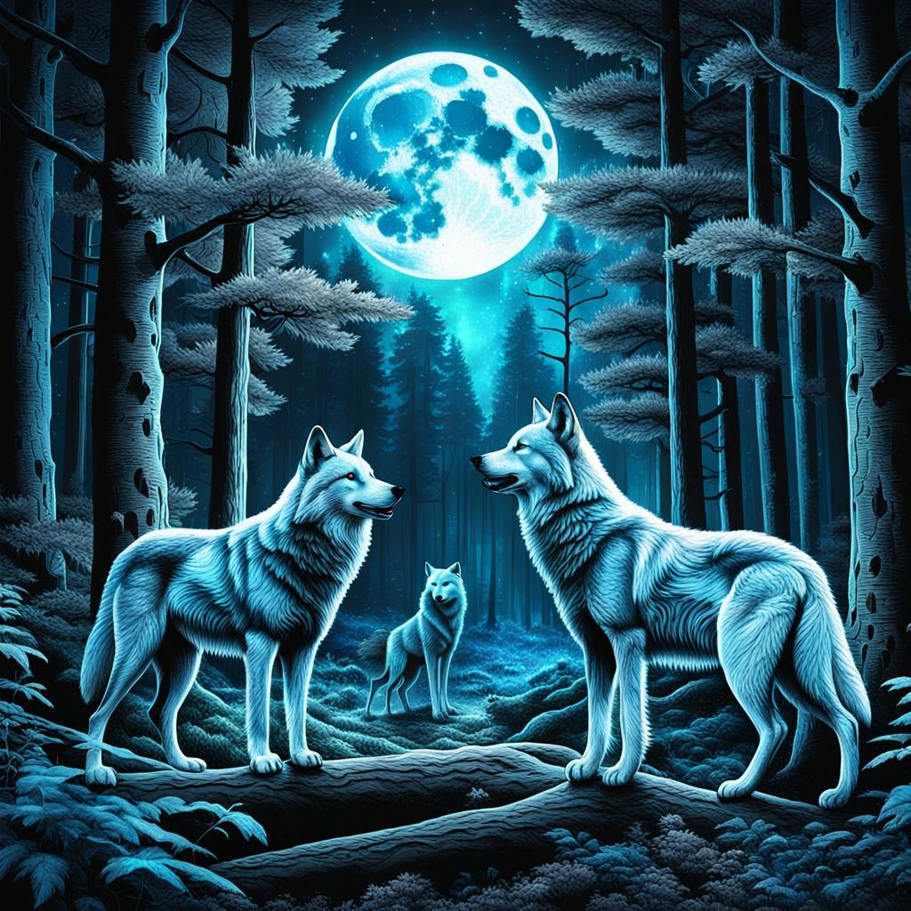 Wolves Roaming Under the Moon in Astral Illustration