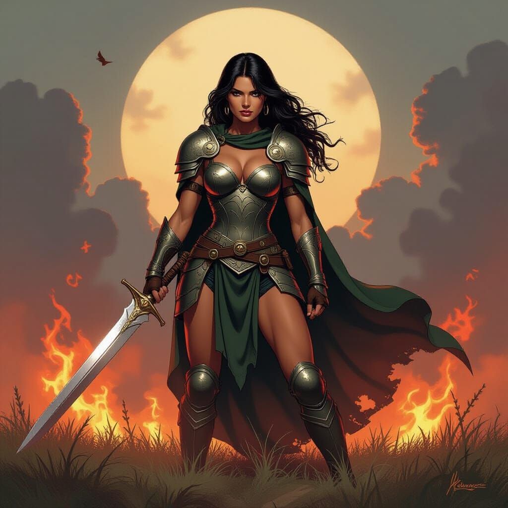 Armored Warrior on Battlefield in Fantasy Art Style