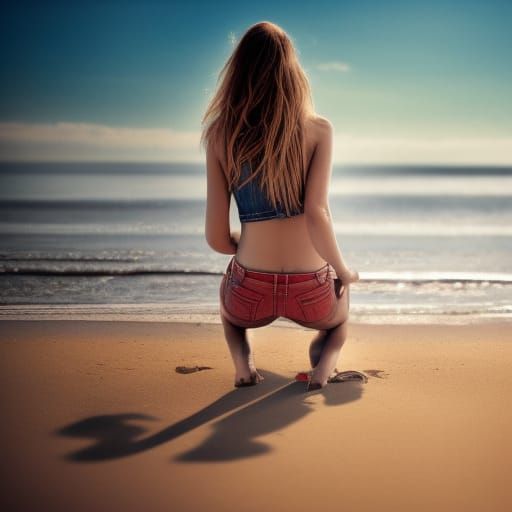 Blonde Woman in Denim Shorts on Beach: Hyperrealistic Image