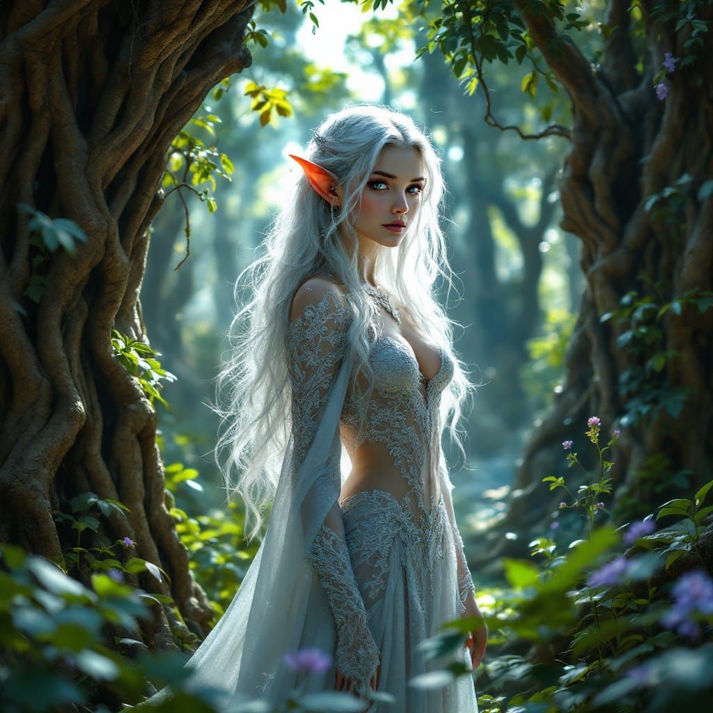 Ethereal Silver Elf in Enchanted Forest