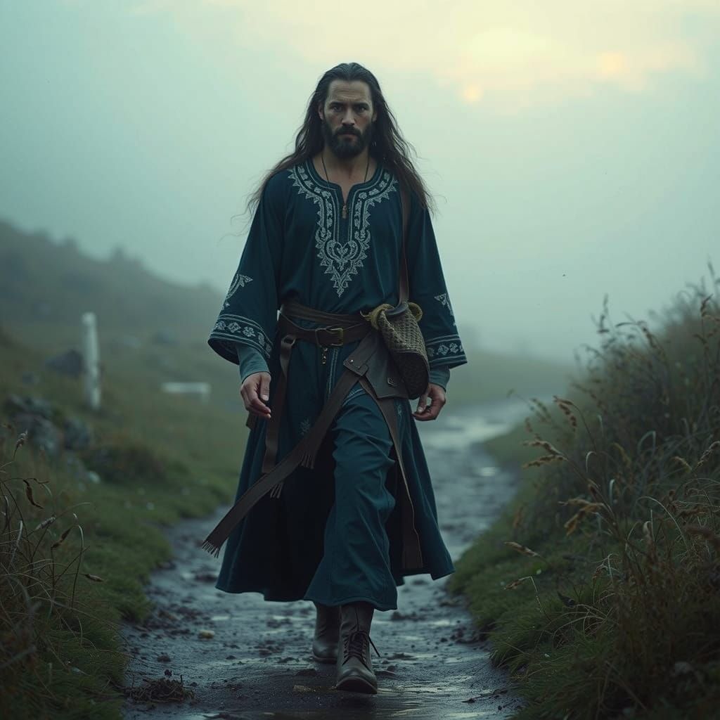 Majestic Figure Approaches Hill of Uisneach in Dawn's Early ...