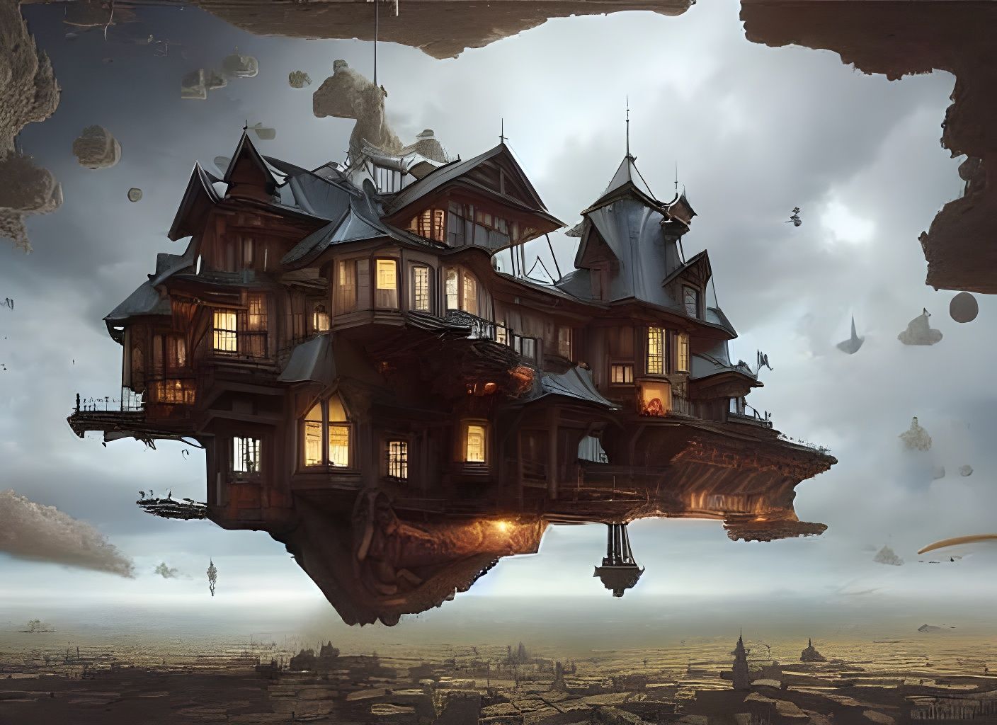 Surreal Floating Wooden House in Dark Fantasy Style