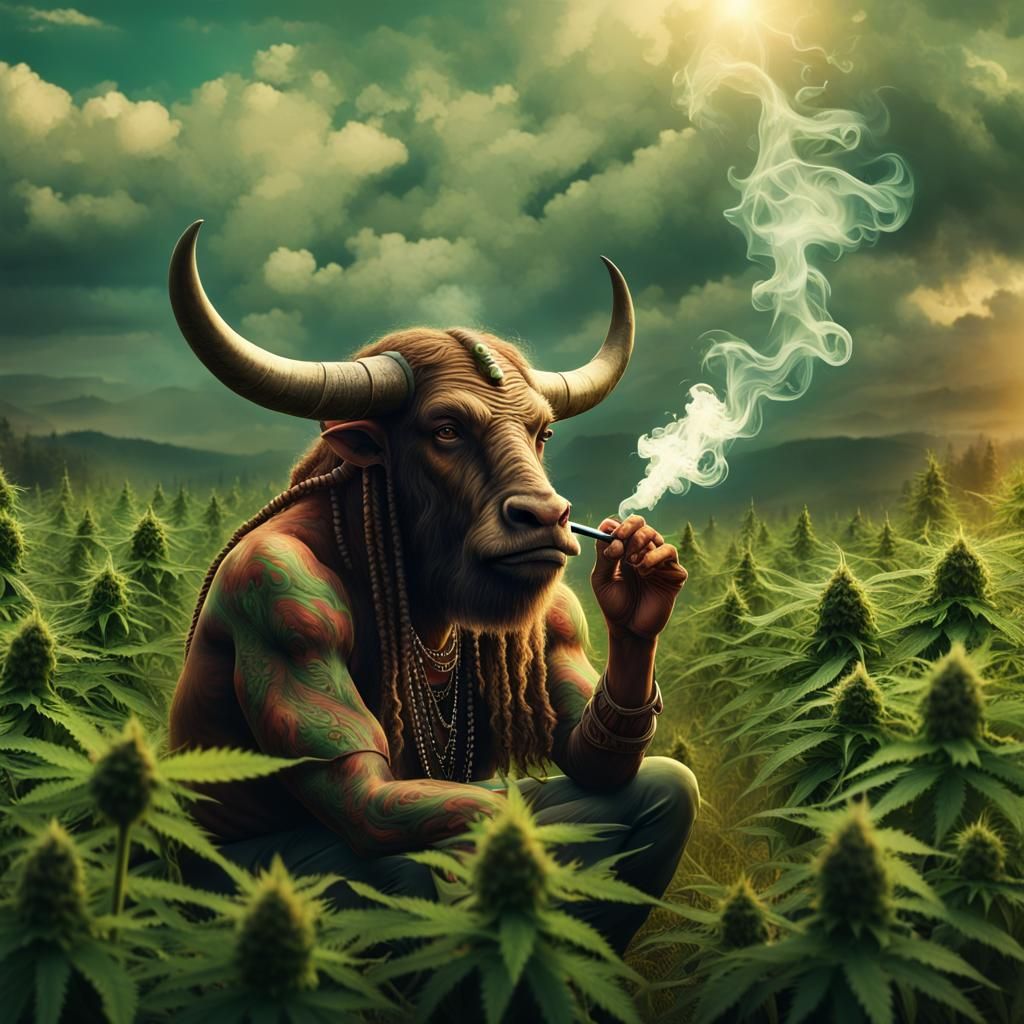 Hippie Minotaur Smoking Joint in Cannabis Field