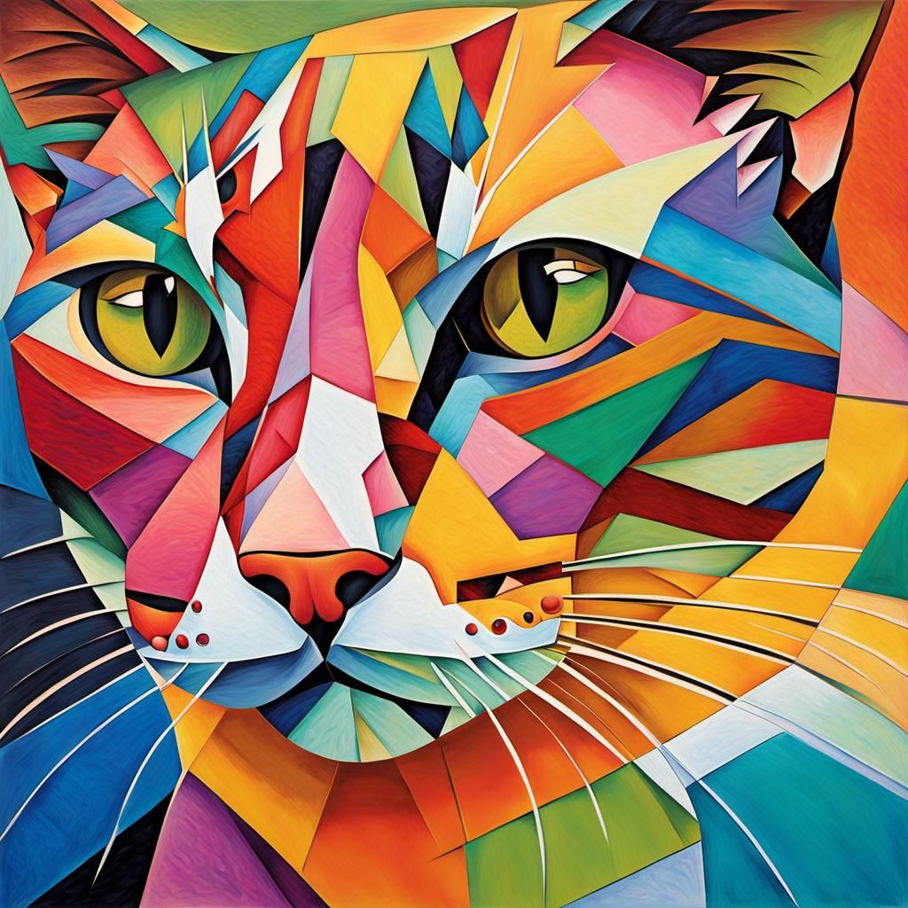 Colorful Cubist Cat Portrait in Art Deco Style