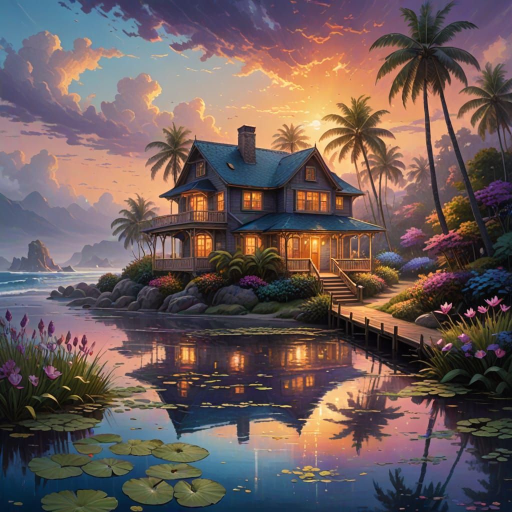 Tropical Beach at Sunset in Photorealistic Oil Painting