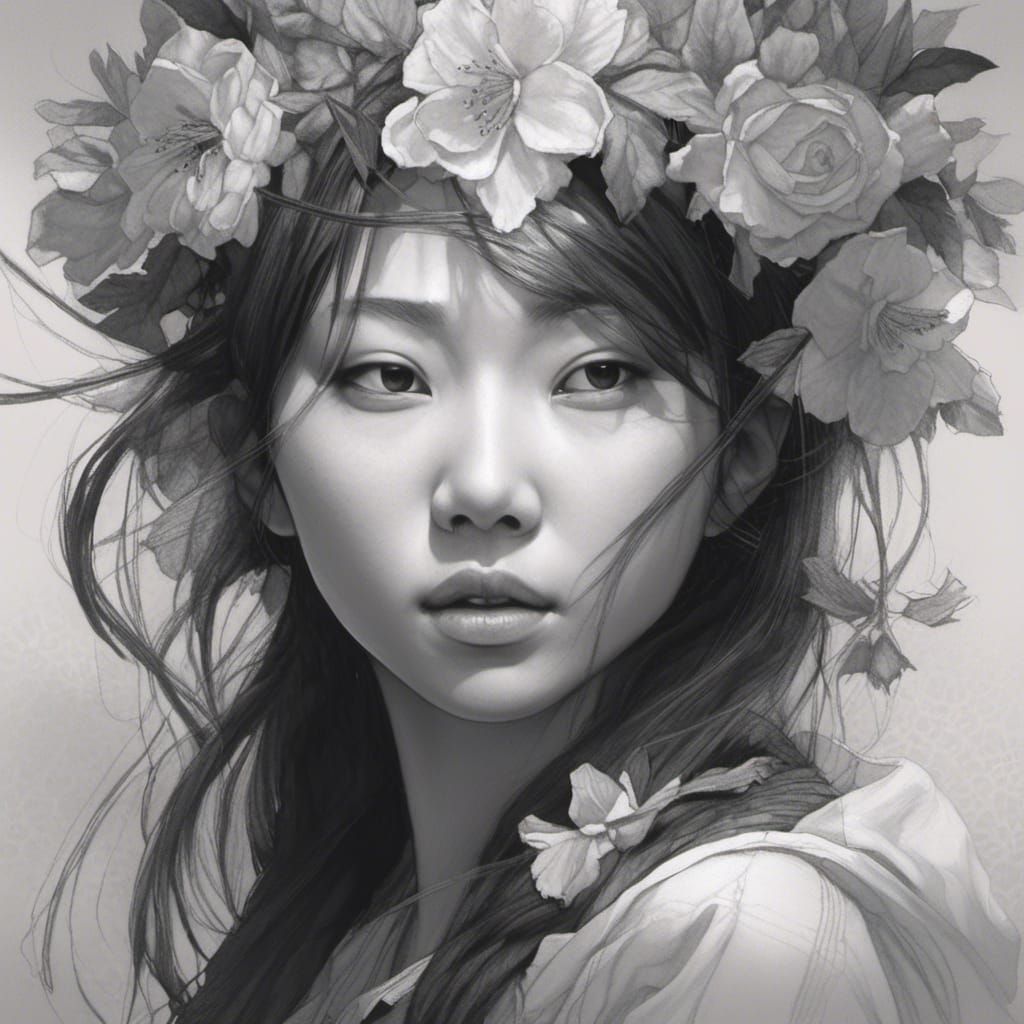 Graphite Portrait of Asian Woman with Flowers