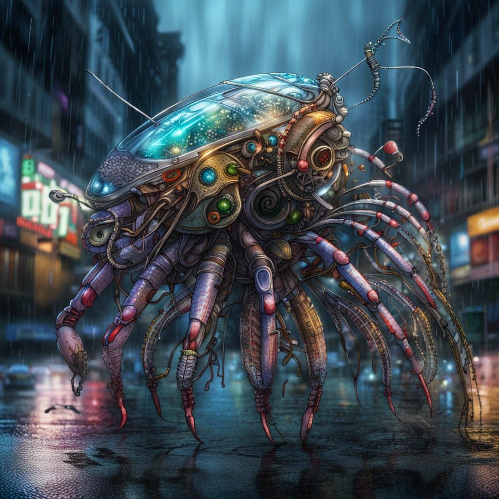 Translucent Mecha Squid-Clown Hybrid in Futuristic City